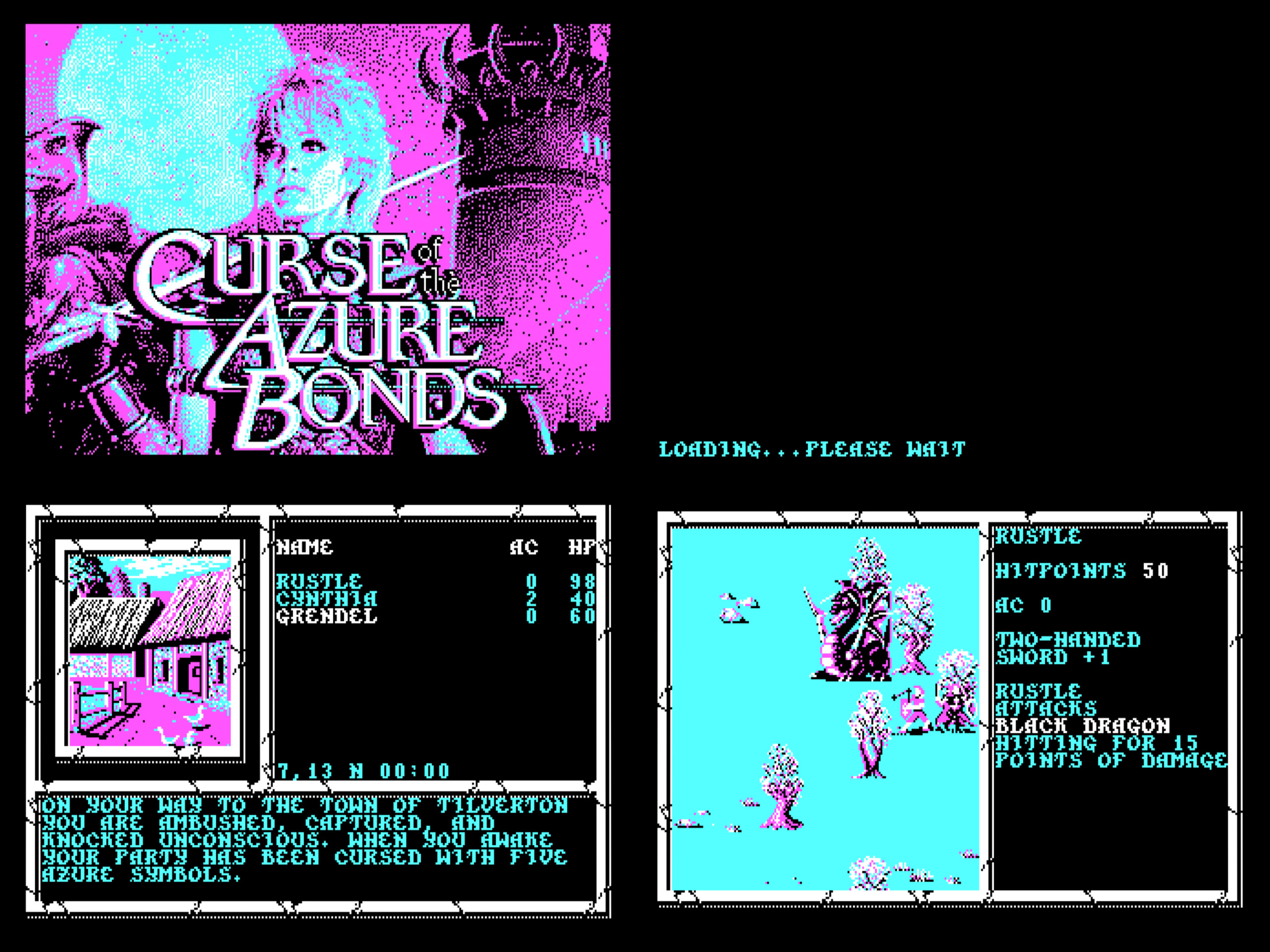 composite of four screenshots from Curse of the Azure Bonds in CGA mode. captured by me using the MartyPC emulator and the v1.1 360kb 5.25 inch floppy images of the original game
