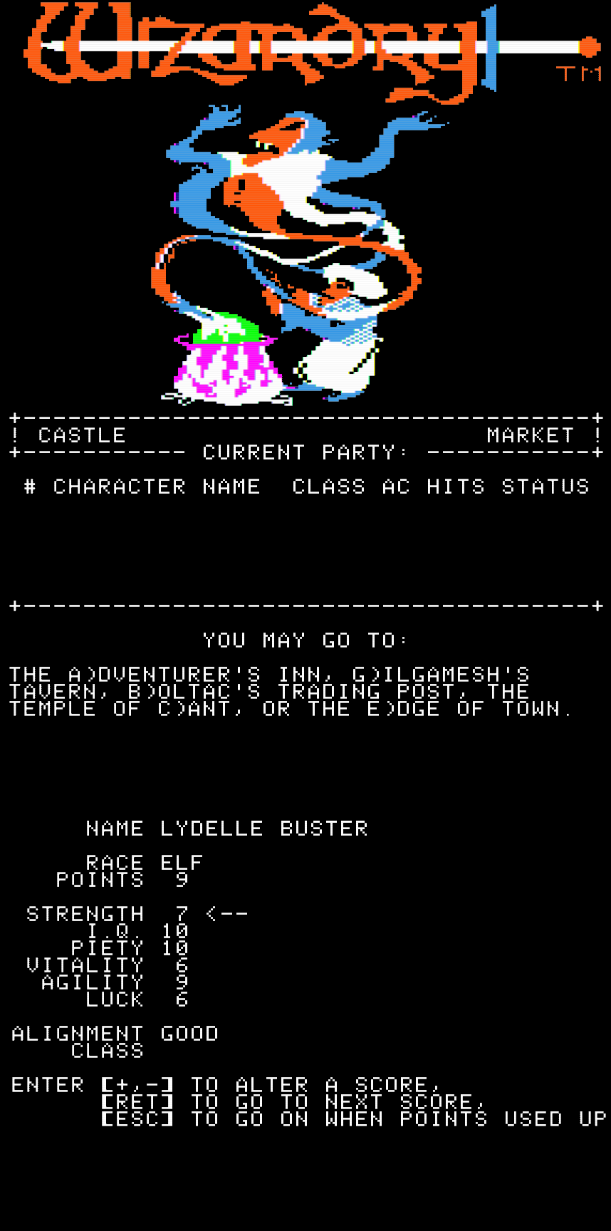 composite of three screenshots from one version of the Apple 2 Wizardry 1, with revisions from 1981. captured by my using the microM8 emulator and the Wizard Replay hard disk image available on internet archive
