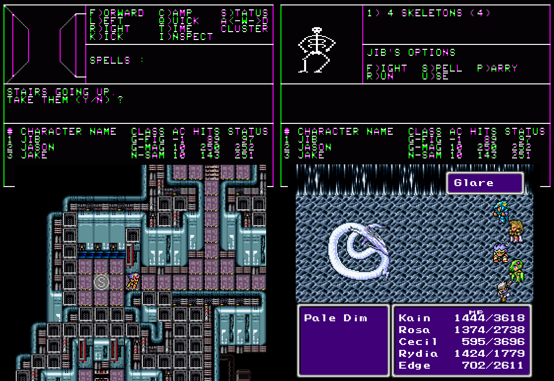 composite of four screenshots from the Apple 2 version of Wizardry 1, and the US SNES version of Final Fantasy 2 (4 in japan). These images used to make this composite were downloaded from MobyGames and I believe I am using them legally as complies with fair use guidelines